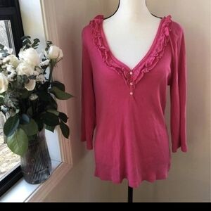 NWT Lauren Ralph Lauren Top Women's XL Pink Henley Ruffle Buttons 3/4 Sleeve $54